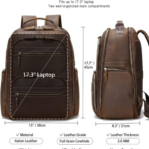 TAERTII Genuine Leather Backpack Vintage BROWN 17.3" Laptop Bag Large NWOT - Picture 3 of 9